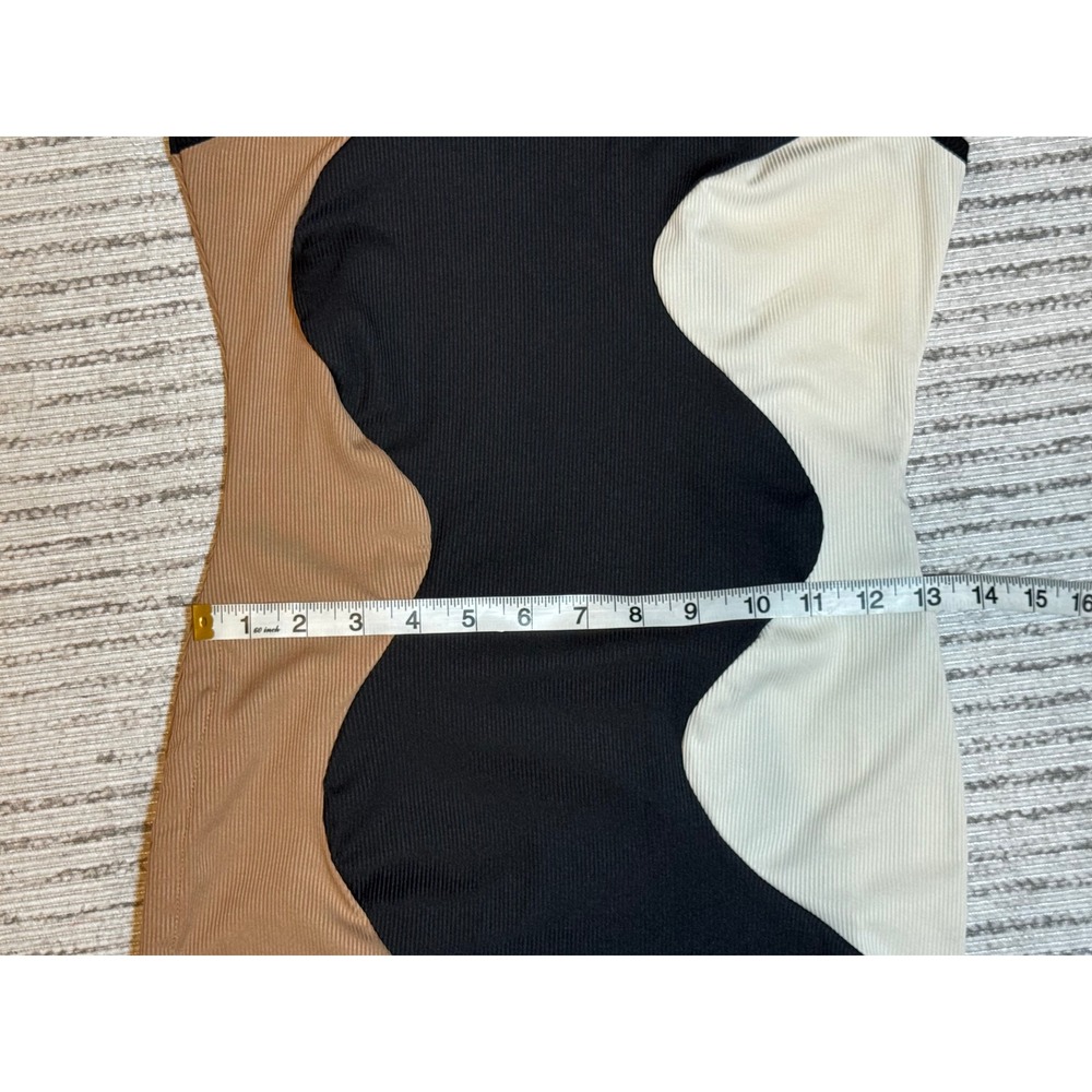 SHEIN‎ Women Wavy Colorblock Ribbed Bodycon Mini Dress Tan Black Cream Size 6 M - Picture 4 of 7